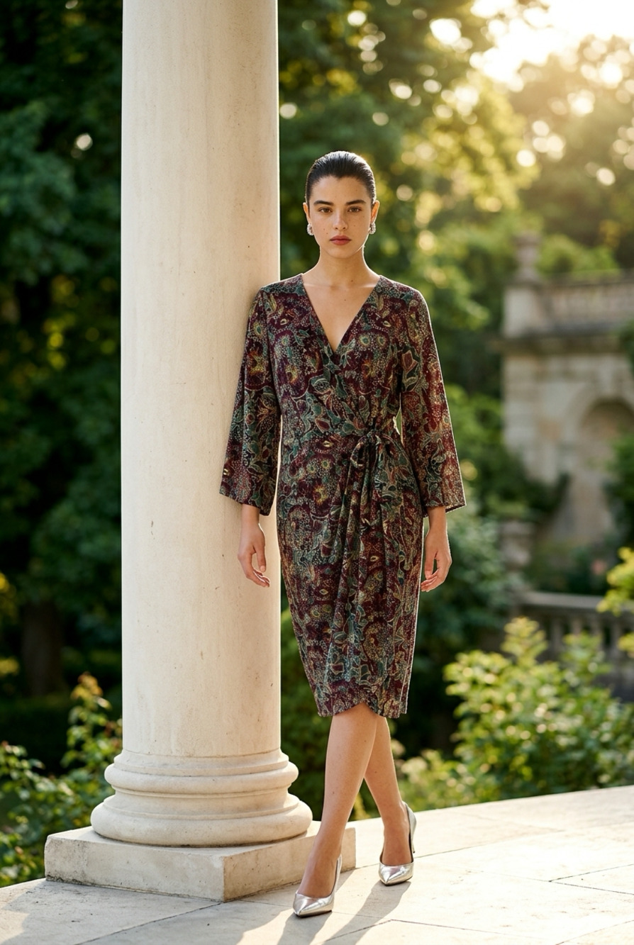 Lauren Ralph Lauren Petite Paisley Print Jersey Wrap Front Midi Dress